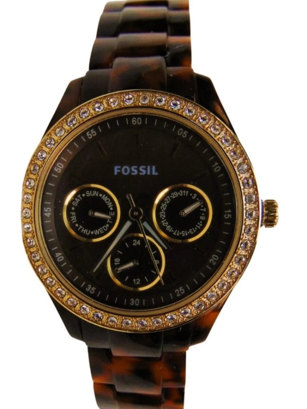 Fossil Faux Tortoise Crystal Bezel Watch with New Battery Black Dial Womens
